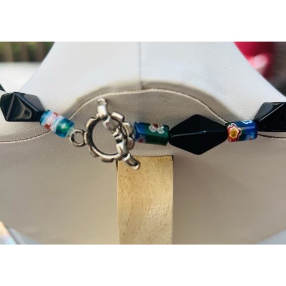 Millefiori Multicolored & Black Glass Beaded Necklaces 16” Artisan Boho T Clasp - Picture 3 of 11
